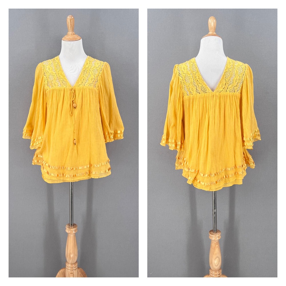 MIGUELINA X BERGDORF GOODMAN Peasant Top Womens XS Saffron Yellow Gauze Crochet